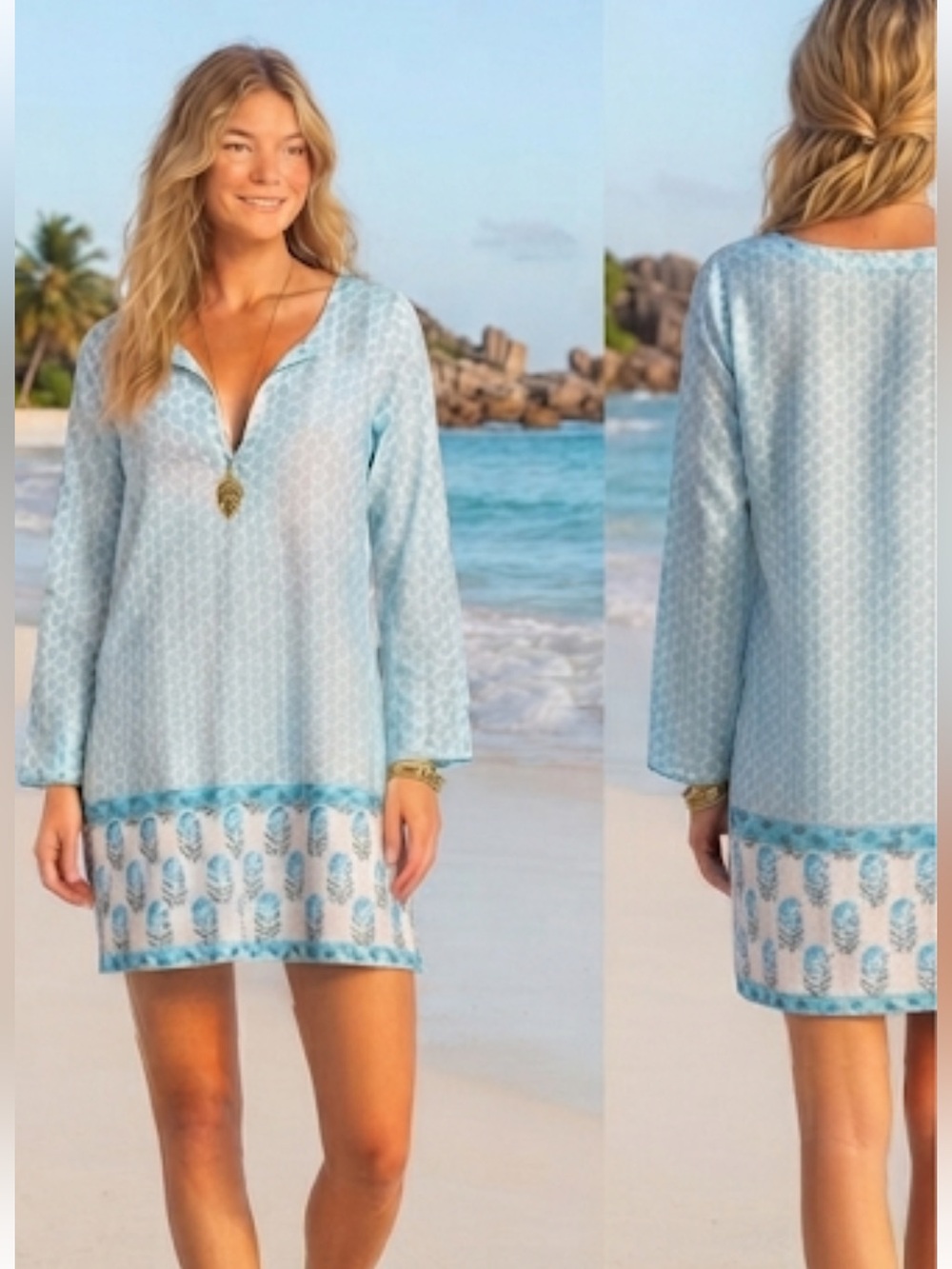 Calypso St Barth Blue White Block Print Cotton Tunic Top Split V Neck XS Boho